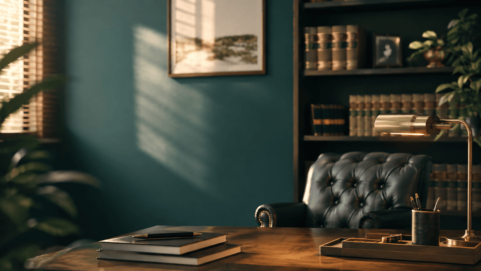 A quiet law office with a wooden desk, a leather chair, a brass lamp, and shelves of law books